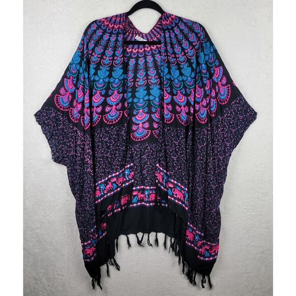 Whimsigoth Cardigan OS Kimono Sleeves Fringe Open Black Blue Pink Bohemian Print - Picture 1 of 7